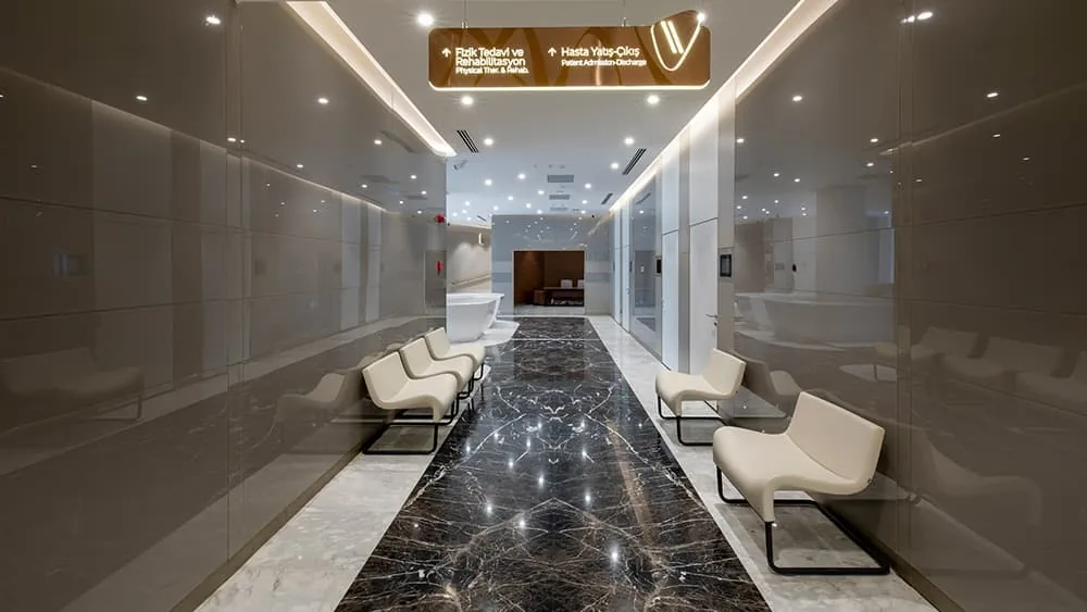 Partner hospital corridor leading to physical therapy and patient admissions