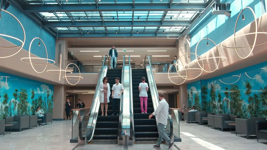 Hospital atrium with escalators